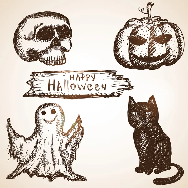 Set bestaat uit pompoen, zwarte kat, schedel en geest. Halloween t — Stockvector