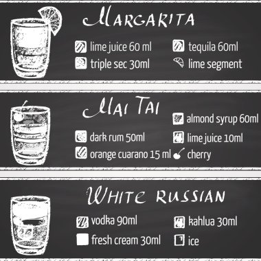 Set of cocktails: Margarita, Mai Tai, White Russian. vector Set of cocktails: Margarita, Mai Tai, White Russian. vector