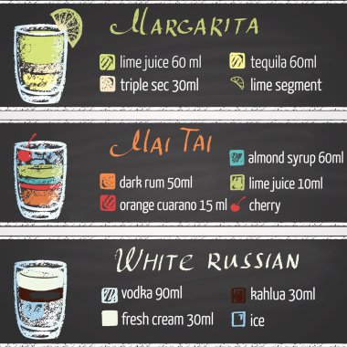 Set of cocktails: Margarita, Mai Tai, White Russian. vector Set of cocktails: Margarita, Mai Tai, White Russian. vector