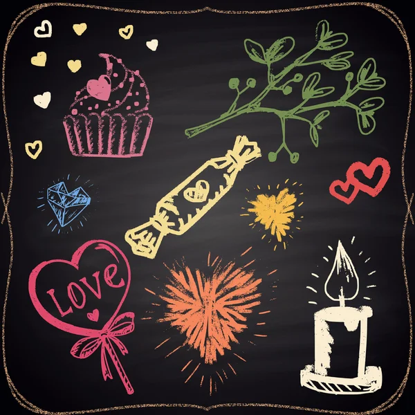 Coeurs, bougies, bonbons et plantes peints à la craie — Image vectorielle