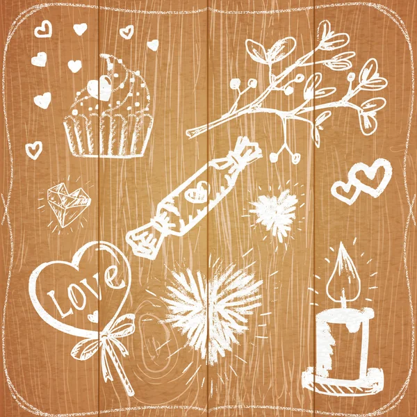 Corazones pintados con tiza, velas, caramelos y plantas — Vector de stock