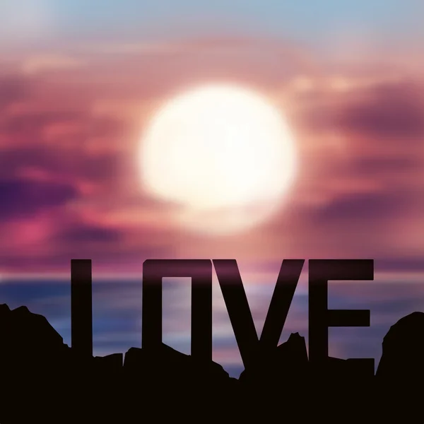 Sonnenaufgang über dem Meer und Inschrift "Liebe" — Stockvektor