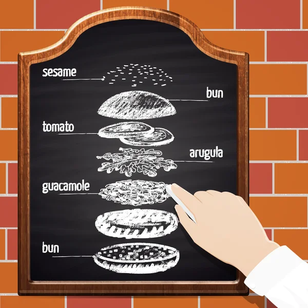 Burger with ingredients on blackboard — Stock Vector