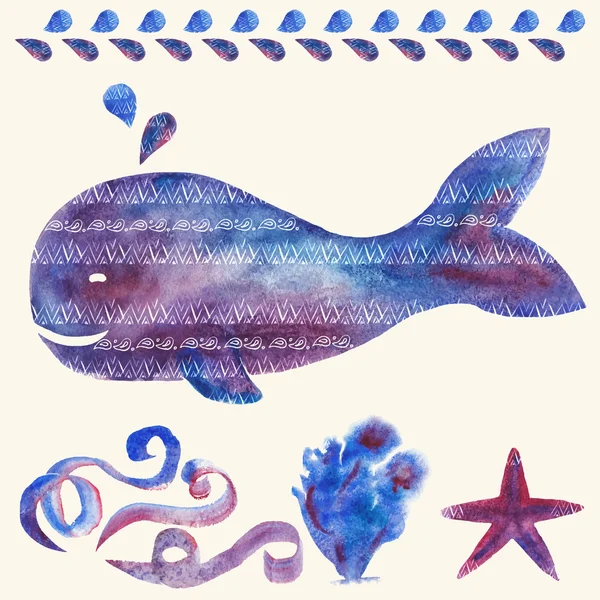 海の生き物を描いた水彩画. — ストックベクタ