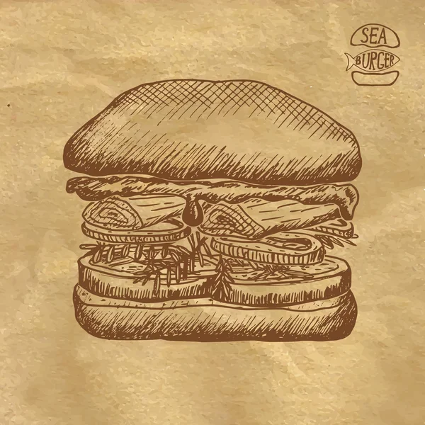 Sketsa burger laut, makanan cepat saji - Stok Vektor