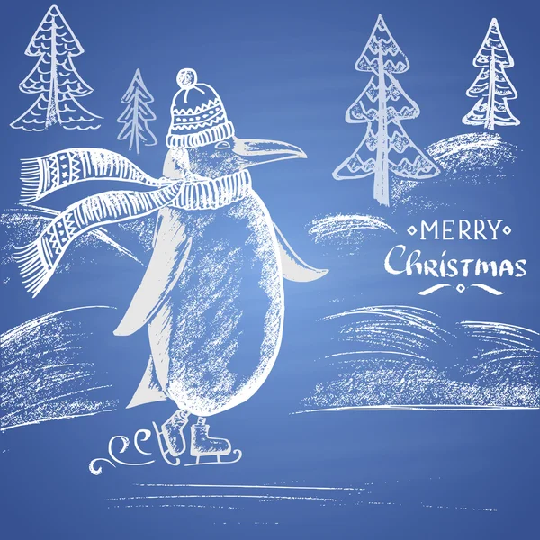 Christmas card with skating penguin — Stock vektor