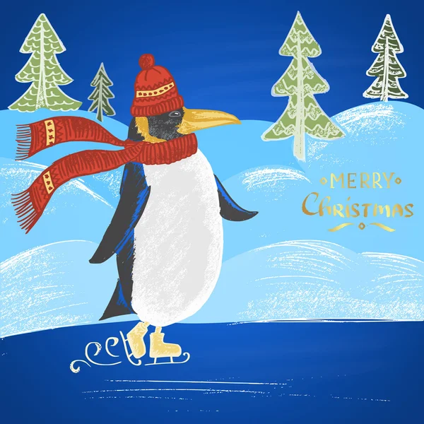 Weihnachtskarte mit Schlittschuhpinguin — Stockvektor