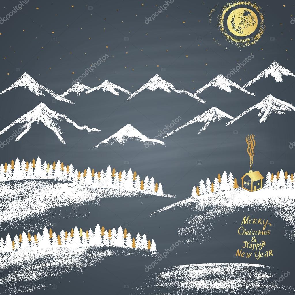 Gesso colorato disegnato illustrazione di Natale con montagne cumuli di neve Luna casa e testo di buon Natale e felice anno nuovo