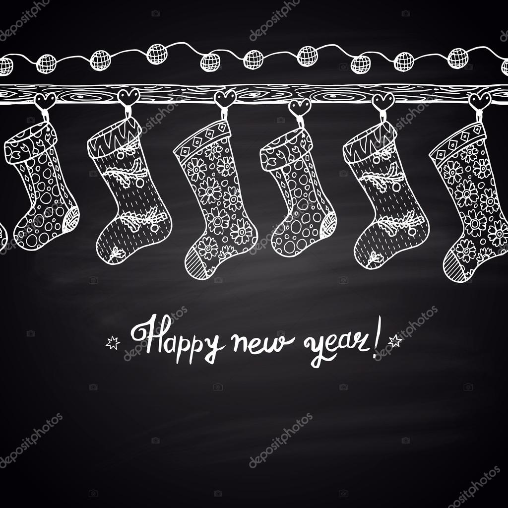 Black and white chalk drawn horizontal pattern with lights and Christmas socks Happy New 2016 Year Theme Card design — Vector by Anat21om