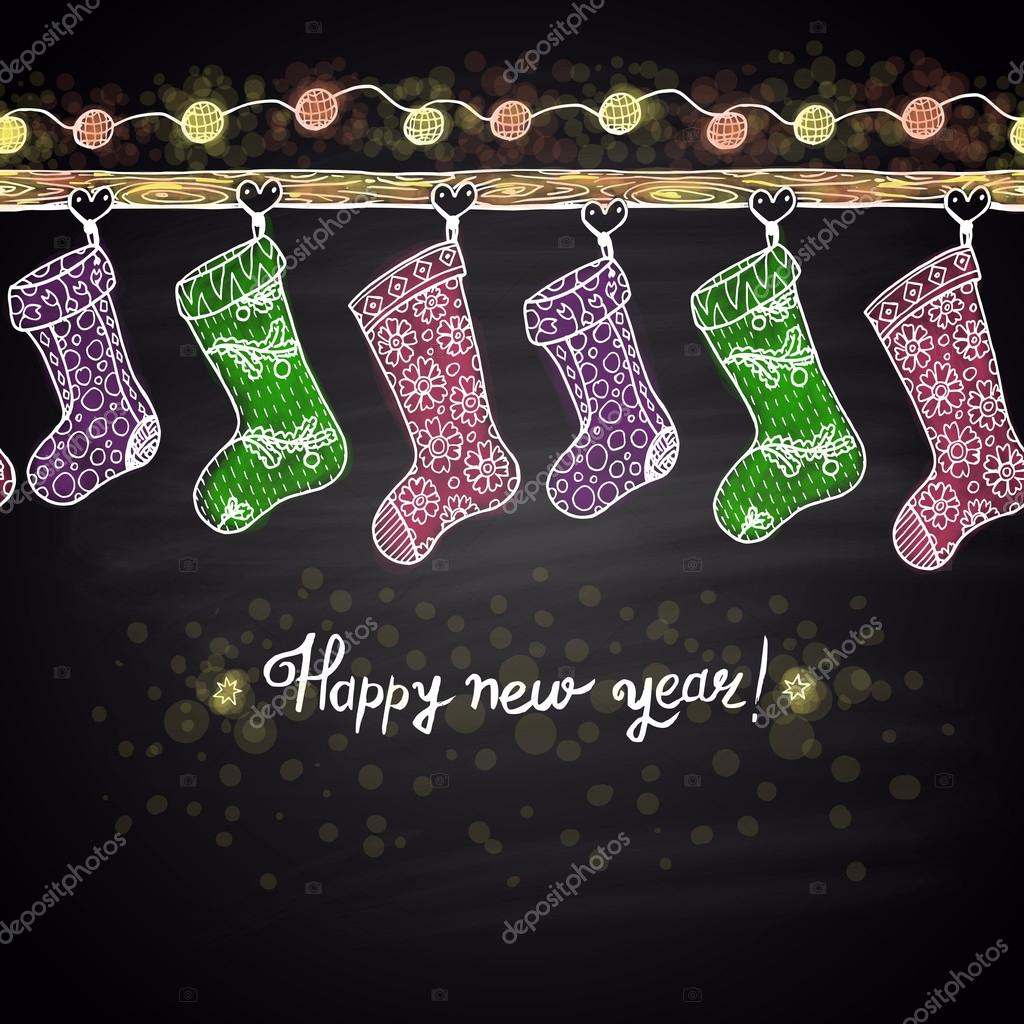 Modello orizzontale disegnato di gesso colorato con luci e Natale calze Tema felice nuovo anno 2016 Disegno di scheda — Vettoriali di Anat21om