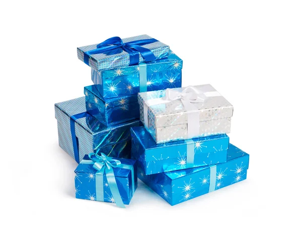 Several gift boxes in blue colors isolated on white — Stock Photo, Image