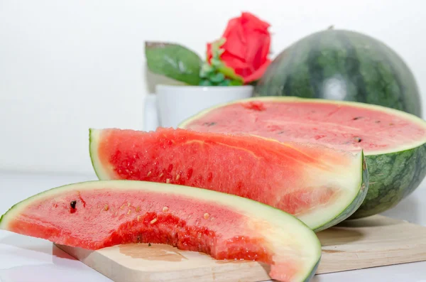 watermelon and bite marks, Tropical fruit are sweet, juicy, rich in fiber and vitamins