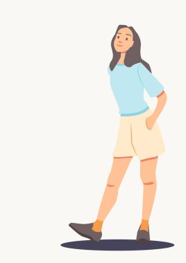 düz karakter tasarımı çizimi, gülen kadın gündelik elbise giyiyor ve elini cebine sokuyor.