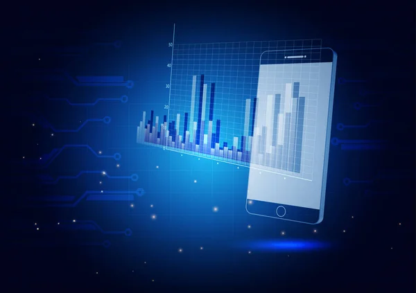 Gelecekçi teknoloji konsepti, mavi renkli vektör illüstrasyonu, akıllı telefon ekranında parlaklık grafiği  