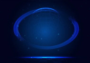 Gelecekçi teknoloji kavramı, mavi renkli vektör çizimi, soyut arkaplan, parlayan ızgara küre 