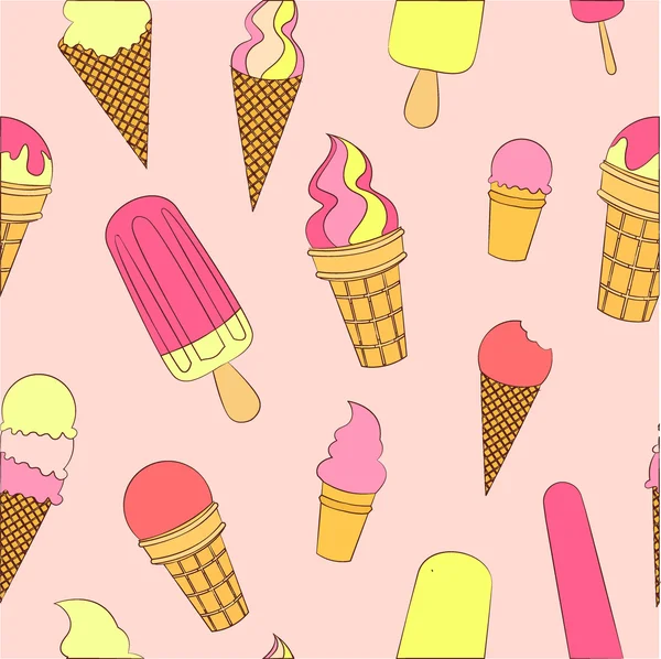 矢量彩色卡通华夫饼干冰淇淋无缝模式 — 图库矢量图片