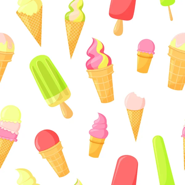 Vector colorido dibujos animados waffle helado patrón sin costuras — Vector de stock