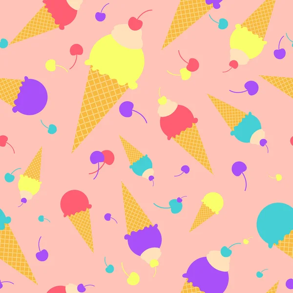 Vector colorido helado de gofres de dibujos animados con cerezas patrón sin costuras — Vector de stock