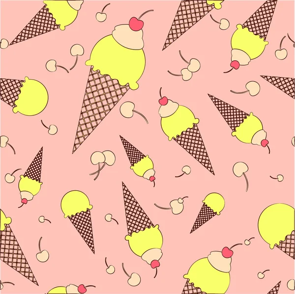 Vector colorido helado de gofres de dibujos animados con cerezas patrón sin costuras — Vector de stock