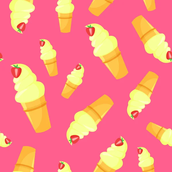 Vector colorido helado de gofres de dibujos animados con patrón sin costuras de fresa — Vector de stock