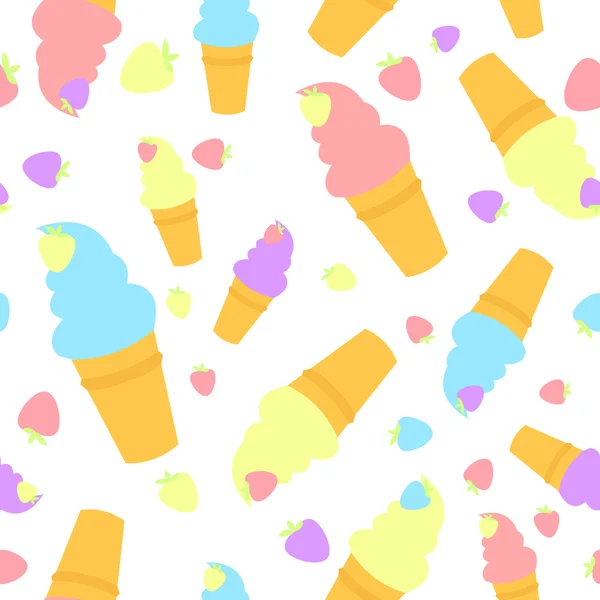 Kleurrijke cartoon wafel roomijs met aardbei naadloze patroon vector — Stockvector