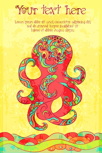 Vector grunge mano dibujado colorido banner con divertido pulpo tatuado y olas — Archivo Imágenes Vectoriales