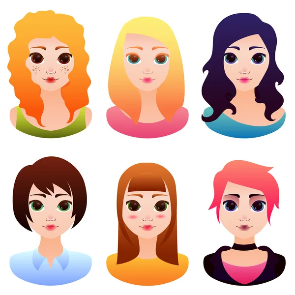 Vektor avatar med vackert tecknad kvinnor ansikten — Stock vektor