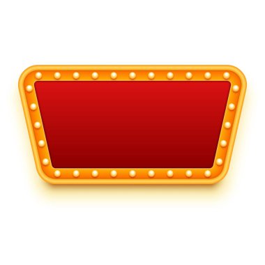 Kırmızı ve altın tabela. Pankart, poster, reklam ya da başka bir proje için vektör illüstrasyonu. Retro stil tasarımı. Ampullü çerçeve.