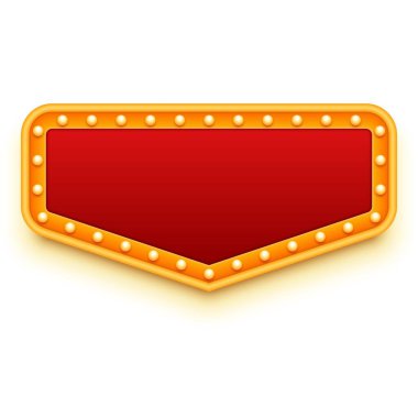 Kumarhane ya da tiyatro tabelası. Ampullü kırmızı ve altın rengi tabela. Levha ışıkları stili. Retro tasarım. Vektör illüstrasyonu.