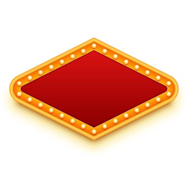 Kırmızı ve altın kumarhane tabelası. Retro stil tasarımı. Ampullü çerçeve. Mesajlar için boş maket. Vektör illüstrasyonu.