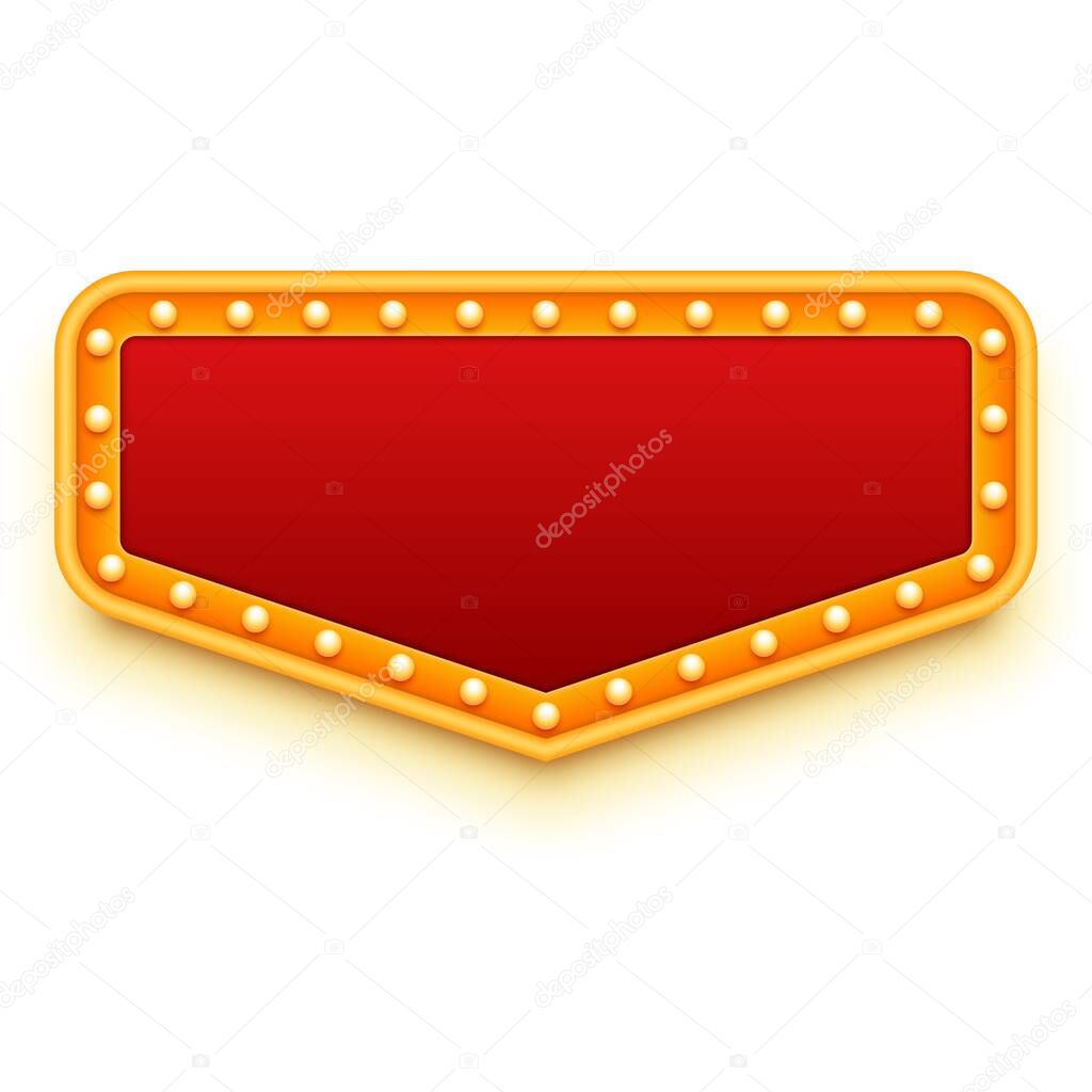 Casino or theater signboard. Red and gold sign with light bulbs. Marquee lights style. Retro design. Vector illustration.