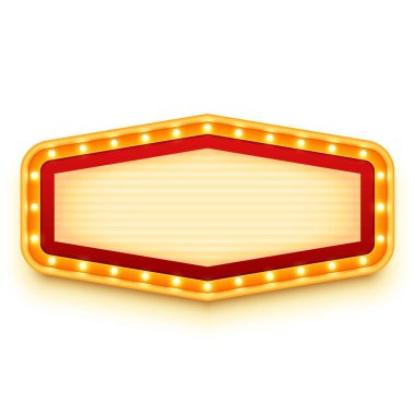 Parlak ampullü klasik tabela. Işıklı duvar tabelası. Ampullü retro reklam panosu. Vektör illüstrasyonu.