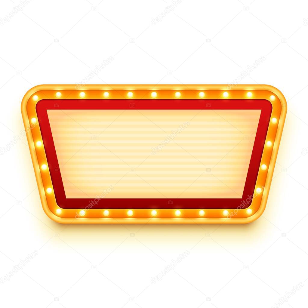Vintage wall sign with glowing bulbs. Wall signboard with marquee lights. Retro frame with light bulbs. Vector illustration.