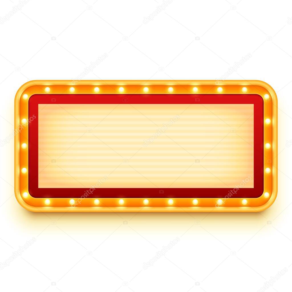 Vintage lightbox with glowing bulbs. Wall light sign with marquee lights. Retro frame with light bulbs. Vector illustration.
