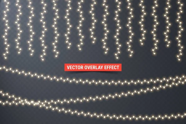 Xmas çelenkleri aydınlatır. Şenlikli vektör tasarım elementleri. Tatil kartları, afişler, posterler, web tasarımı için parlayan LED ışıkları. Tasarım için Peri ışıkları.