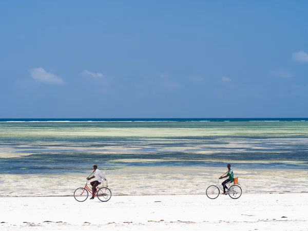 Menschen, die am Strand Fahrrad fahren — Stockfoto