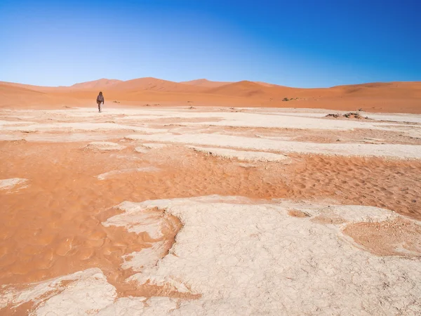 Ein einzelner Mann auf dem Weg durch die namib-Wüste — Stockfoto
