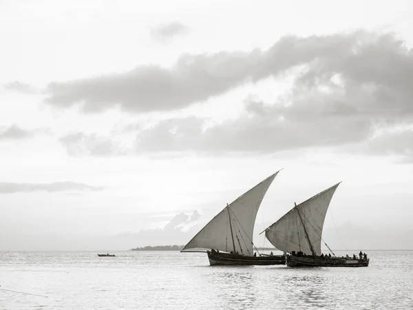 Dhow bateaux près de Stone Town sur l'île de Zanzibar au coucher du soleil — Photo