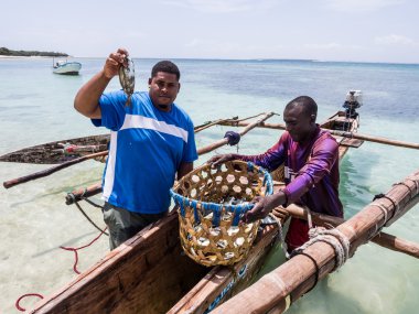 Geleneksel bir tekne ile modern giysiler balıkçılar