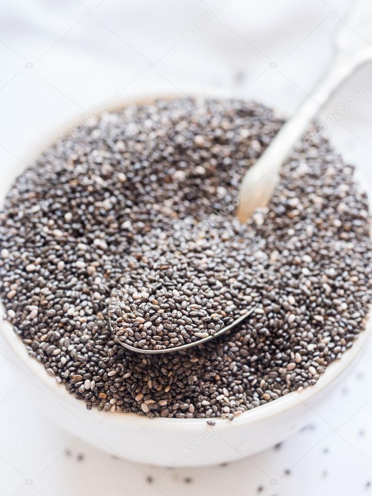 Chia seeds in a small white bowl.