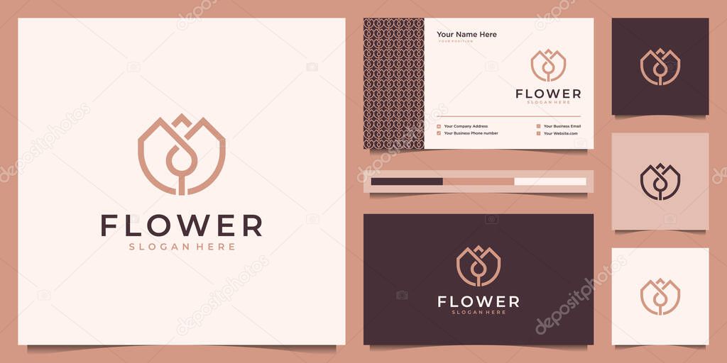 Flower Logo design and business card. Beauty Spa salon Cosmetics brand Linear style. Looped Leaves Logotype design vector.