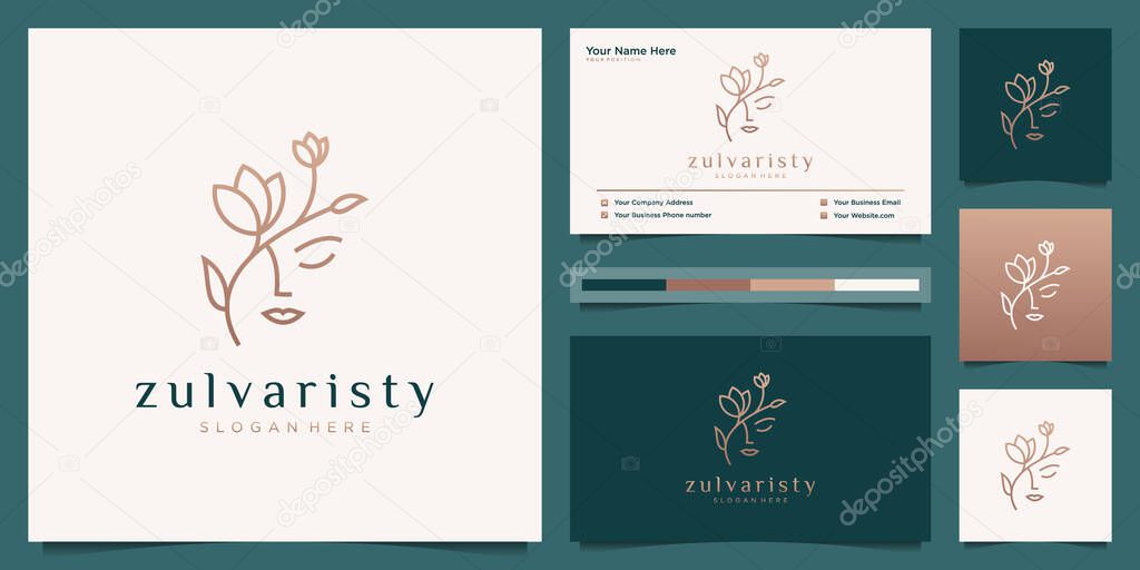 women face with flower logo design and business card. natural women logo for beauty salon, spa, cosmetic, and skin care. luxury feminine template.