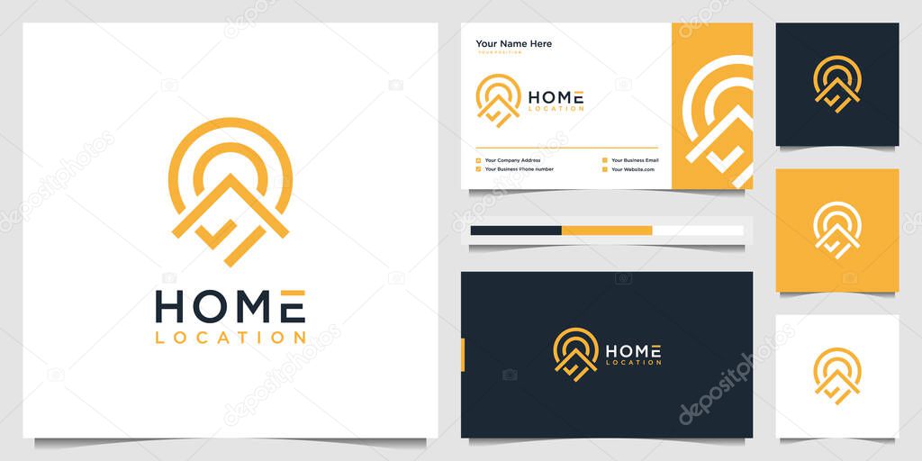Home location logo design and business card template. simple logo home and pin map location symbol real estate.