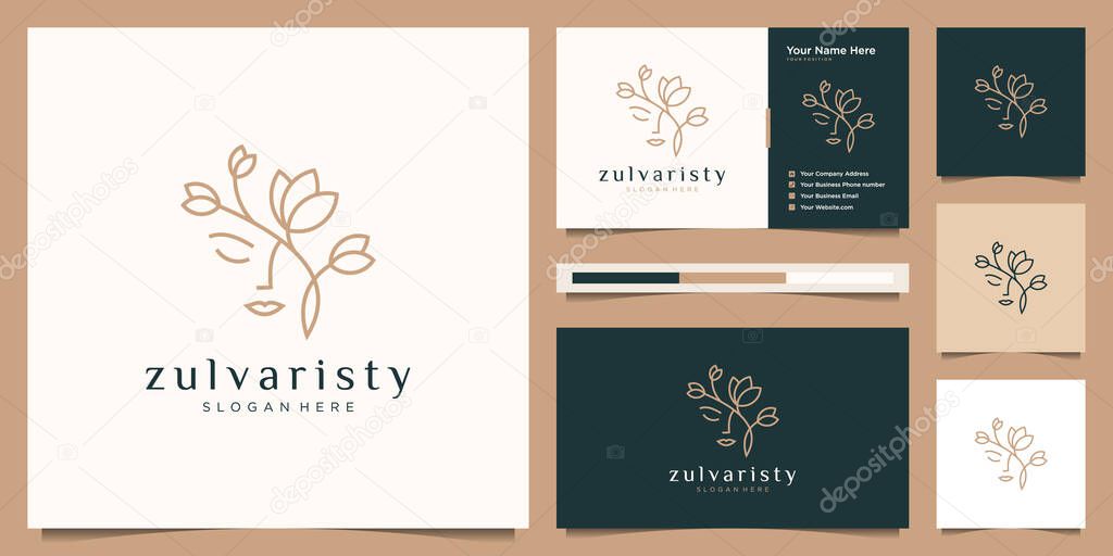 Women face combine flower and branch logo for beauty salon, spa, cosmetic, and skin care. elegant logo design and business card.