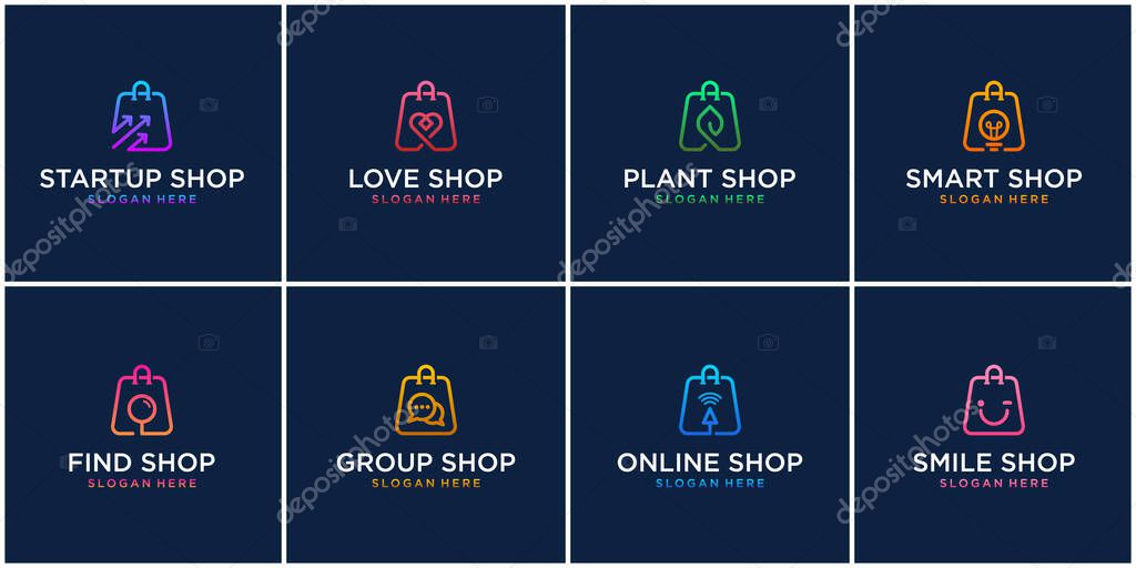 Set of creative online shopping logo design template. minimalist line combine symbol bag, start up, love, plant, smart lamp, find, group, chat, bulb, online shop, smile.