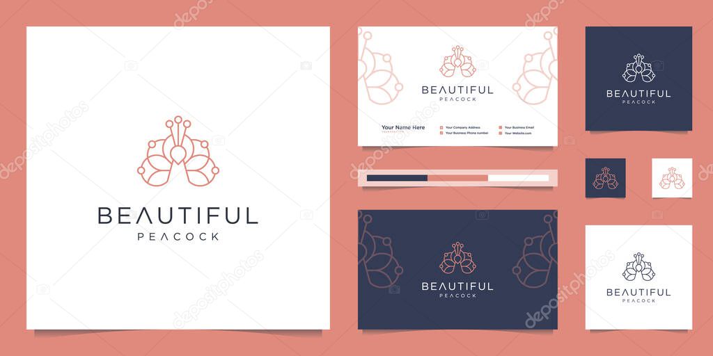 Logo design beautiful peacock and business card template. minimalist luxury fashion line designs, jewelry, salon, spa.