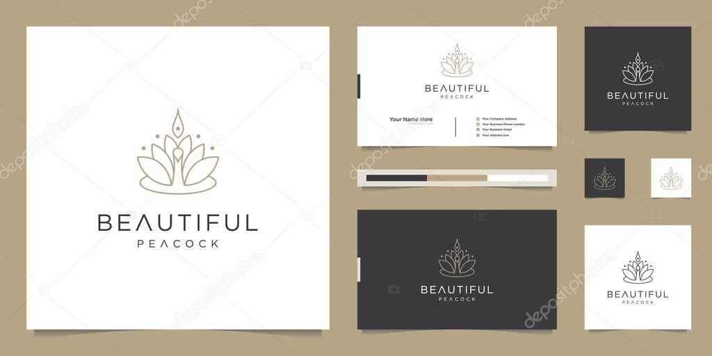 Logo design beautiful peacock and business card template. minimalist luxury fashion line designs, jewelry, salon, spa.