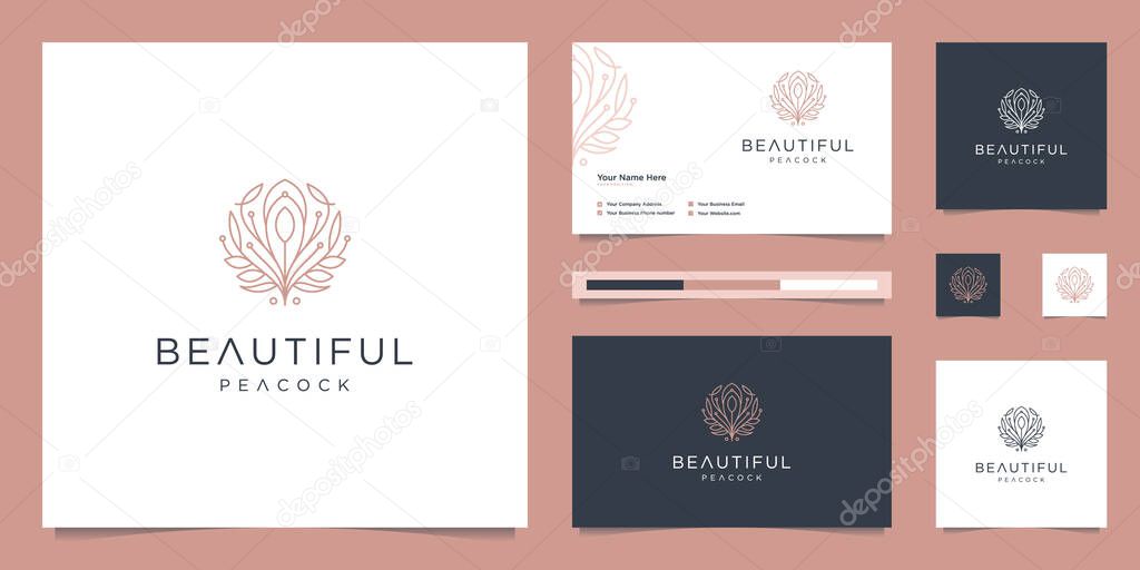 Logo design beautiful peacock and business card template. minimalist luxury fashion line designs, jewelry, salon, spa.