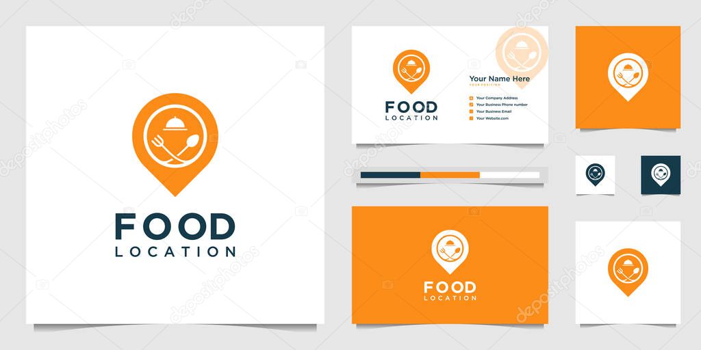 food location logo design and business card. symbol fork, spoon, knife and pin.