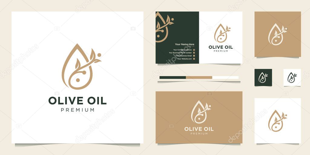 Olive oil droplets and tree branches, symbols for beauty, care and spa products. premium logo design and business cards.